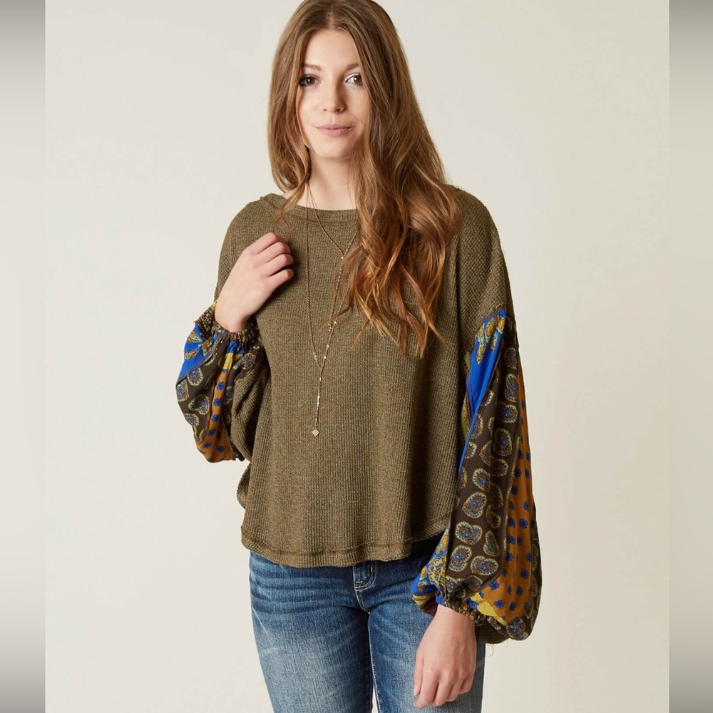 We The Free Olive Top with Blue and Brown Patterned Sleeves